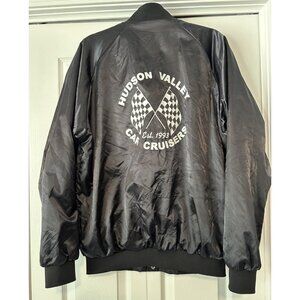 Black satin bomber jacket VTG Hudson Valley NY Car Cruisers Club racing Mike L